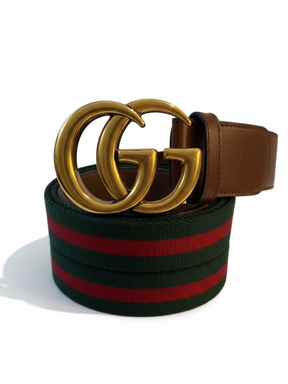 Gucci Green and Red Web Belt with Brown Leather and Gold Double G